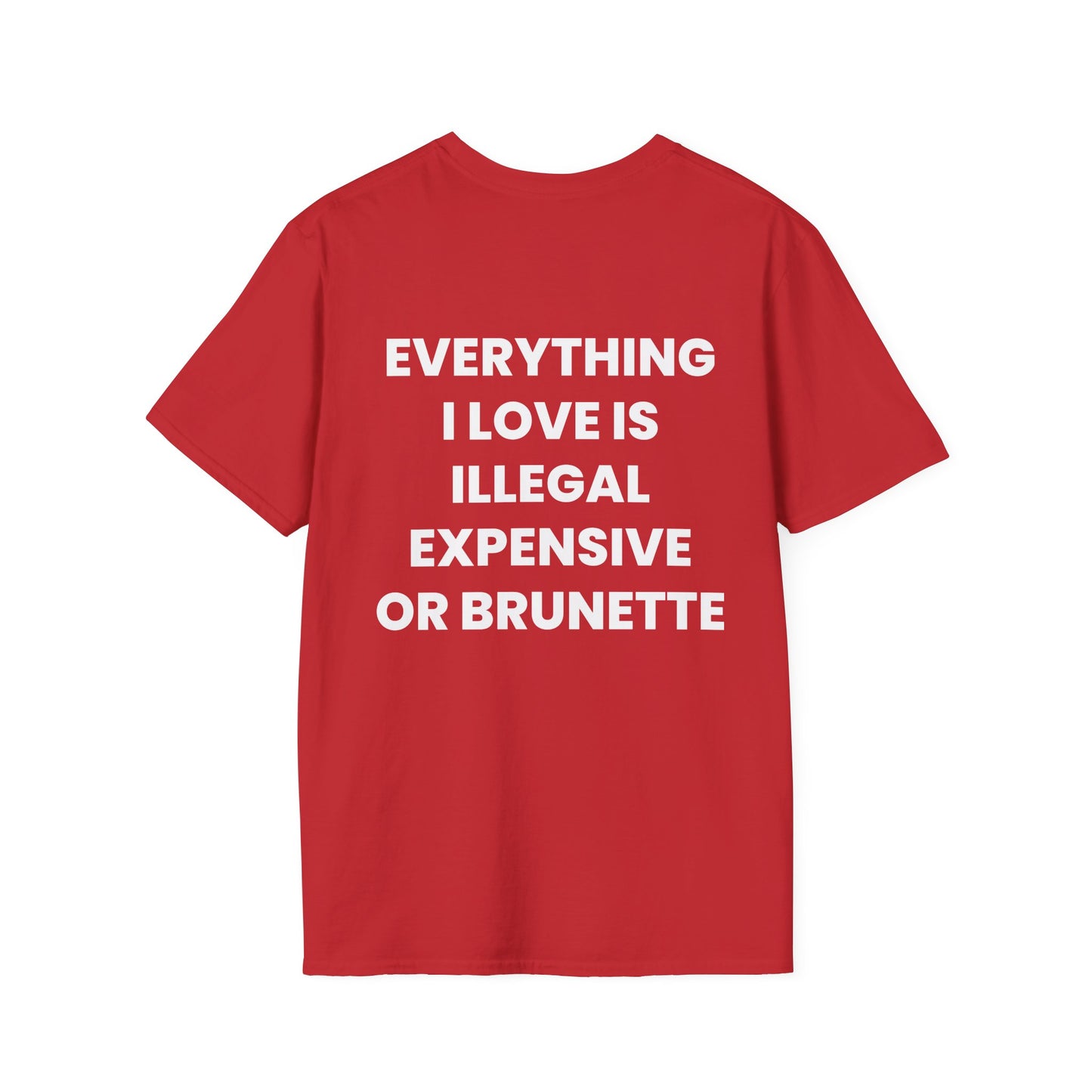 Everything I Love Is Illegal, Expensive Or Brunette - Unisex Softstyle T-Shirt - Back Print