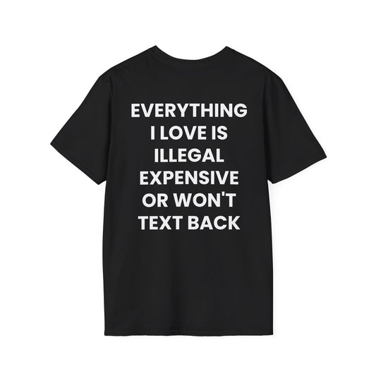 Everything I Love Is Illegal Expensive Or Won't Text Back - Unisex Softstyle Sarcastic T-Shirt - Back Print