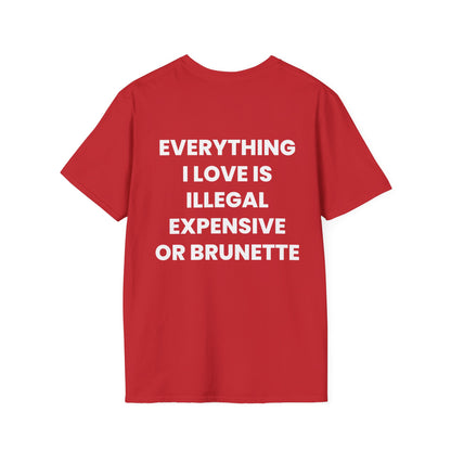 Everything I Love Is Illegal, Expensive Or Brunette - Unisex Softstyle T-Shirt - Back Print