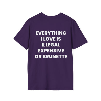 Everything I Love Is Illegal, Expensive Or Brunette - Unisex Softstyle T-Shirt - Back Print