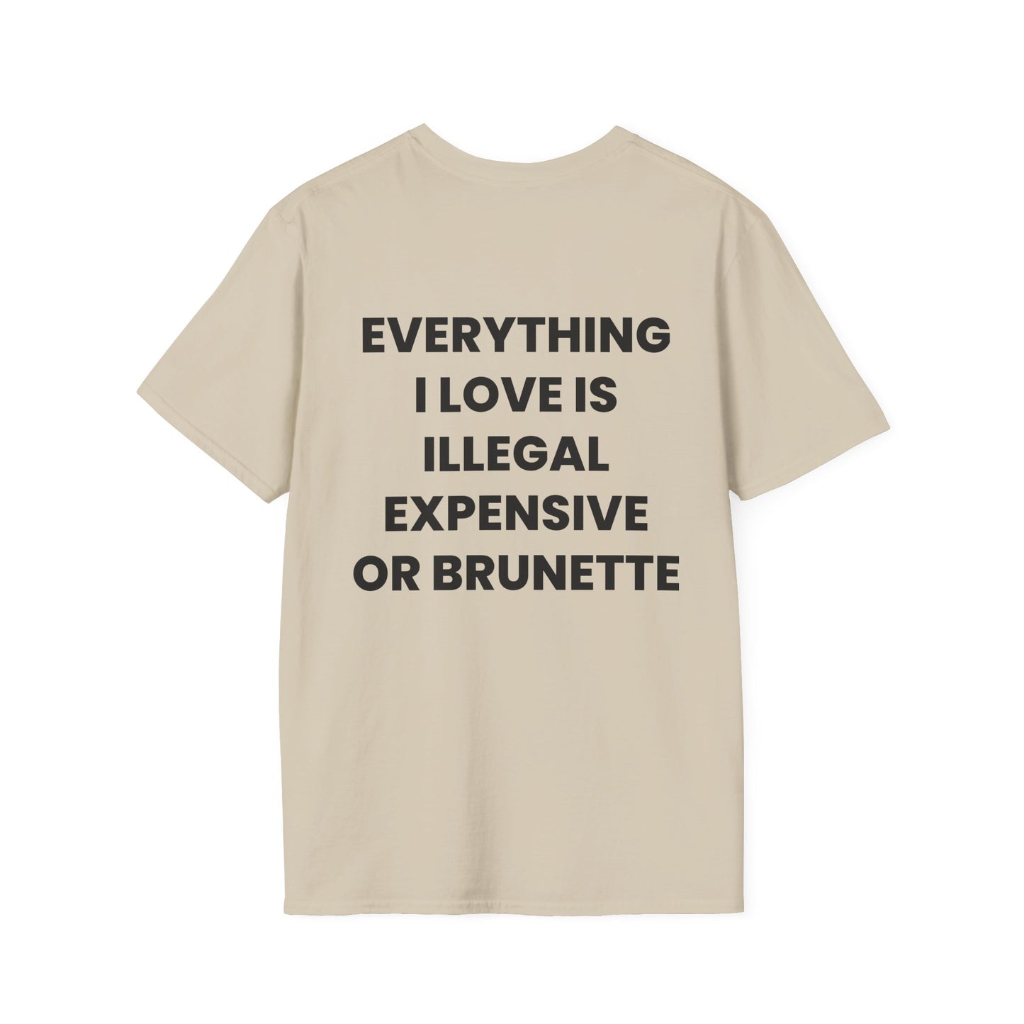 Everything I Love Is Illegal, Expensive Or Brunette - Unisex Softstyle T-Shirt - Back Print